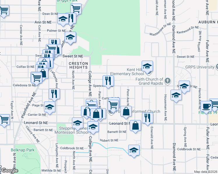 map of restaurants, bars, coffee shops, grocery stores, and more near 1376 Union Avenue Northeast in Grand Rapids