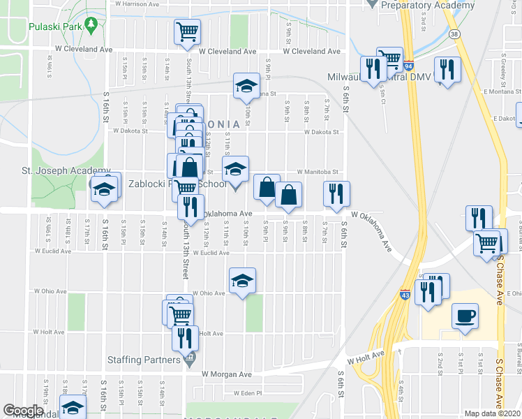 map of restaurants, bars, coffee shops, grocery stores, and more near 950 West Oklahoma Avenue in Milwaukee