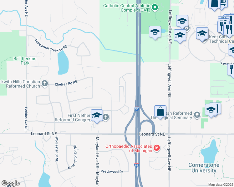 map of restaurants, bars, coffee shops, grocery stores, and more near 1421 Beckwith Avenue Northeast in Grand Rapids