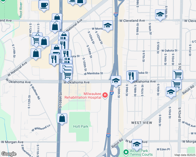 map of restaurants, bars, coffee shops, grocery stores, and more near 10316 West Oklahoma Avenue in West Allis