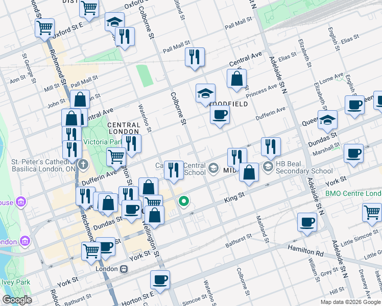 map of restaurants, bars, coffee shops, grocery stores, and more near 473 Colborne Street in London
