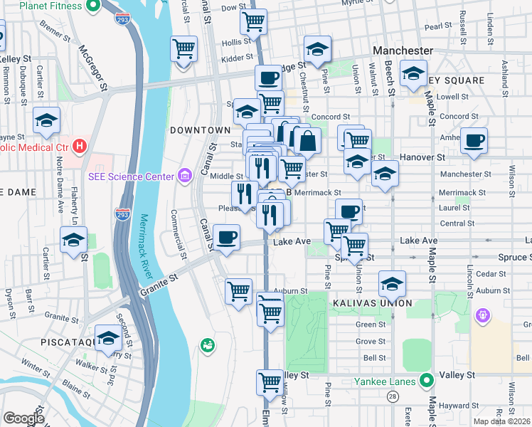 map of restaurants, bars, coffee shops, grocery stores, and more near 705 Elm Street in Manchester