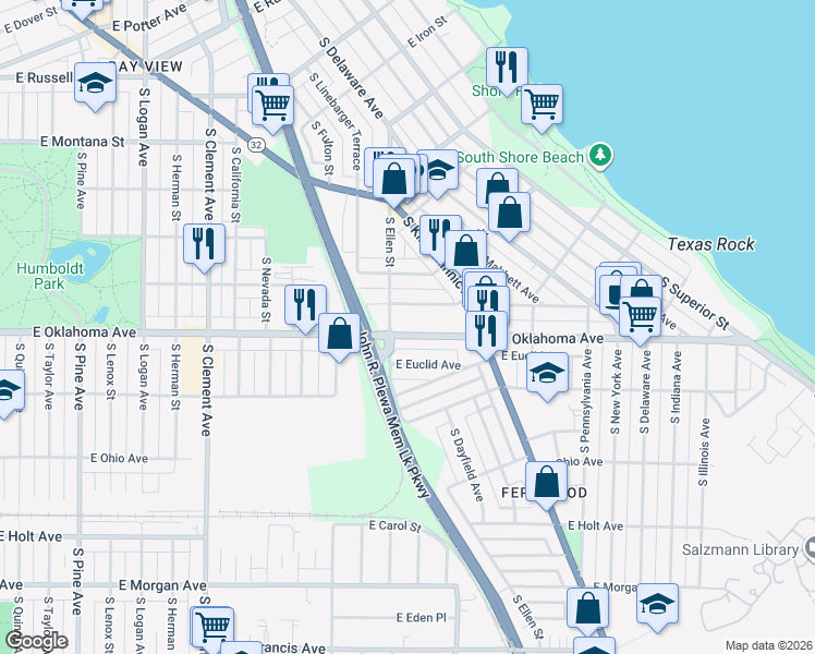 map of restaurants, bars, coffee shops, grocery stores, and more near 1820 East Oklahoma Avenue in Milwaukee