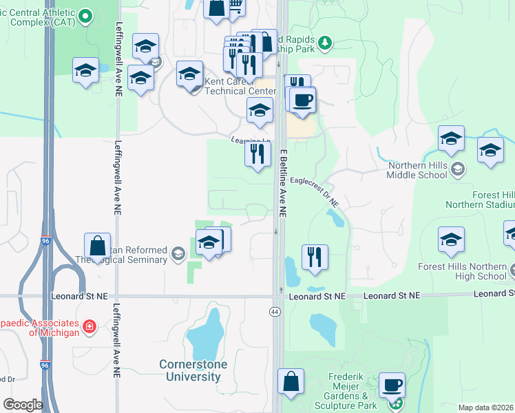 map of restaurants, bars, coffee shops, grocery stores, and more near 3153 Windcrest Drive Northeast in Grand Rapids