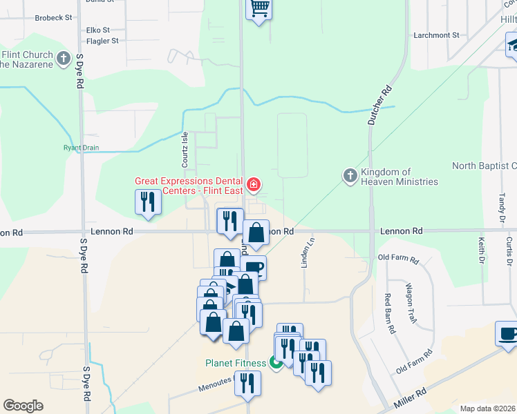 map of restaurants, bars, coffee shops, grocery stores, and more near 2503 Linden Road in Flint