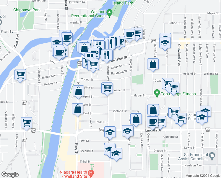 map of restaurants, bars, coffee shops, grocery stores, and more near 190 Hellems Avenue in Welland
