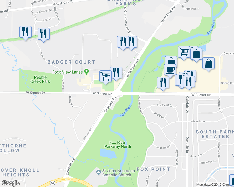 map of restaurants, bars, coffee shops, grocery stores, and more near Genesee Road in Waukesha