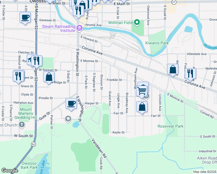 map of restaurants, bars, coffee shops, grocery stores, and more near 720 Grand Avenue in Owosso