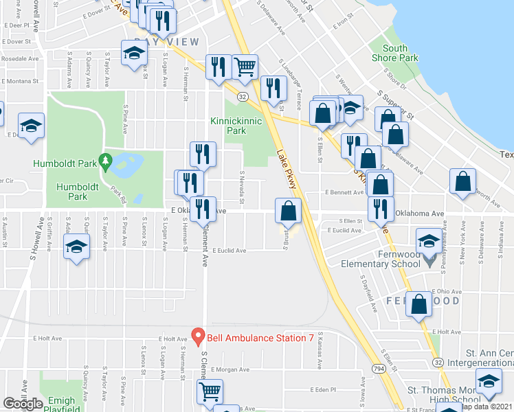 map of restaurants, bars, coffee shops, grocery stores, and more near 1426 East Oklahoma Avenue in Milwaukee