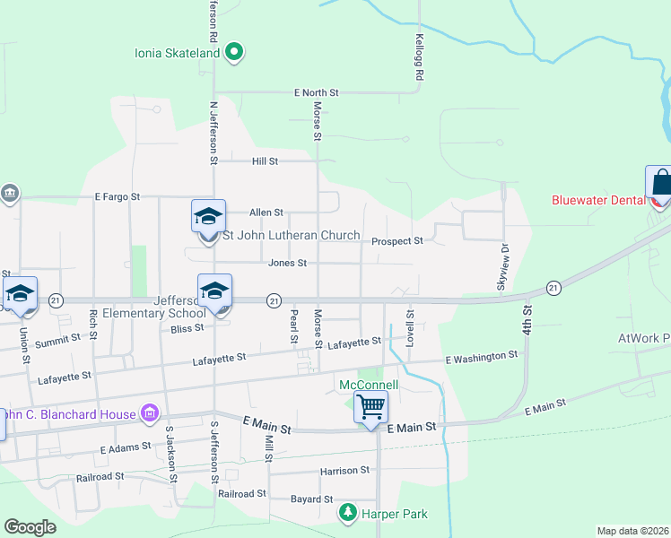 map of restaurants, bars, coffee shops, grocery stores, and more near 615 Jones Street in Ionia