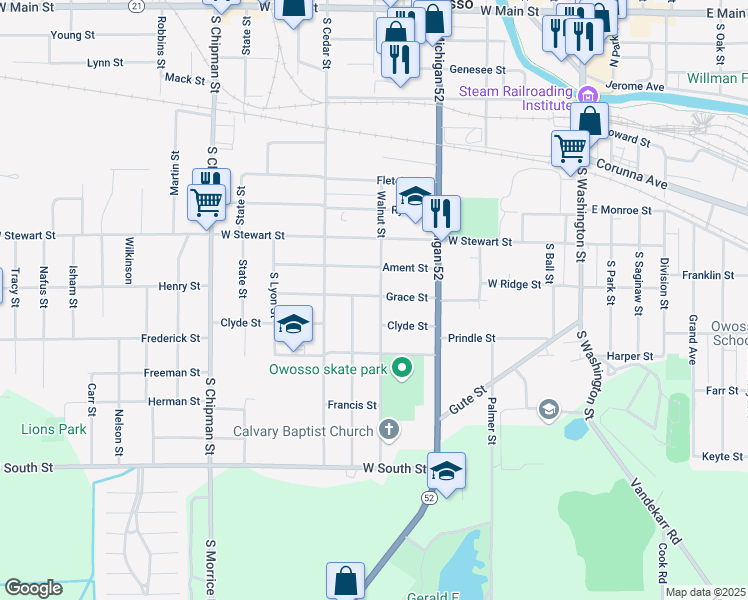 map of restaurants, bars, coffee shops, grocery stores, and more near 1002 Walnut Street in Owosso