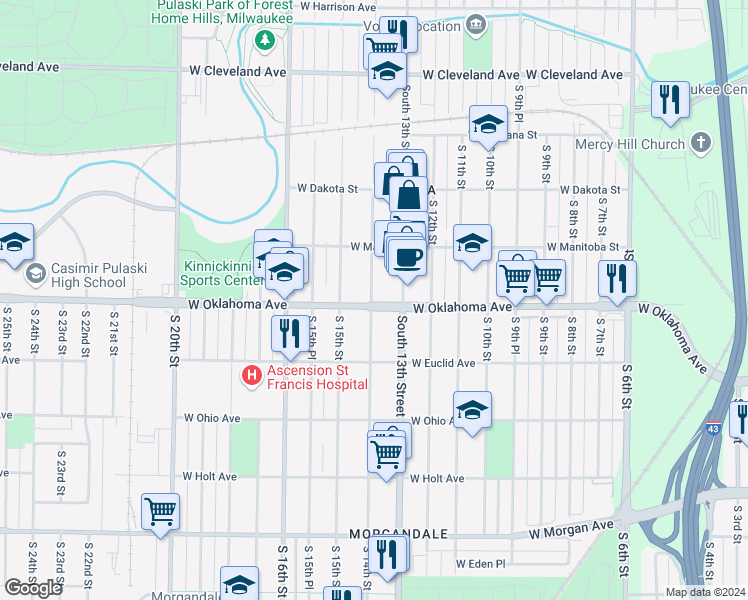 map of restaurants, bars, coffee shops, grocery stores, and more near 1336 West Oklahoma Avenue in Milwaukee