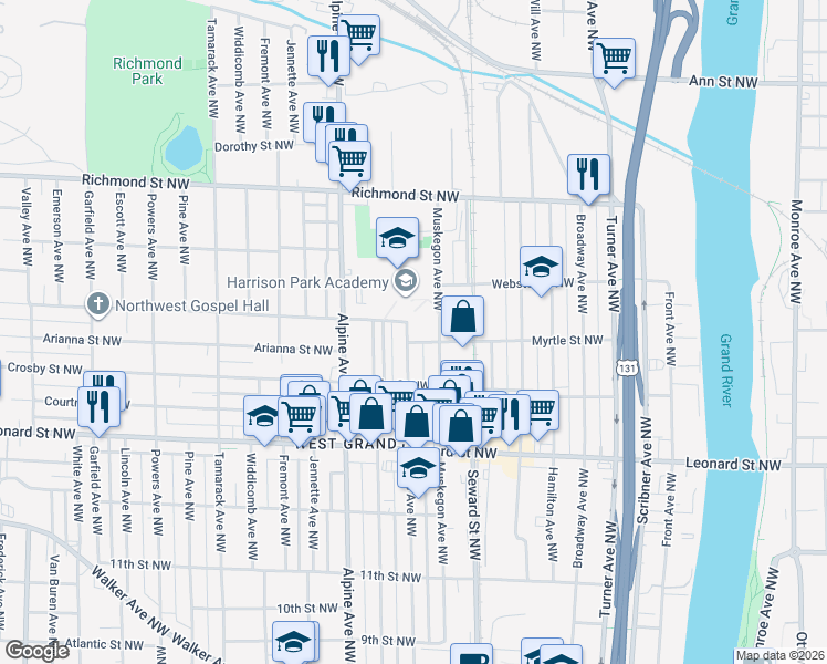 map of restaurants, bars, coffee shops, grocery stores, and more near 1351 Davis Avenue Northwest in Grand Rapids