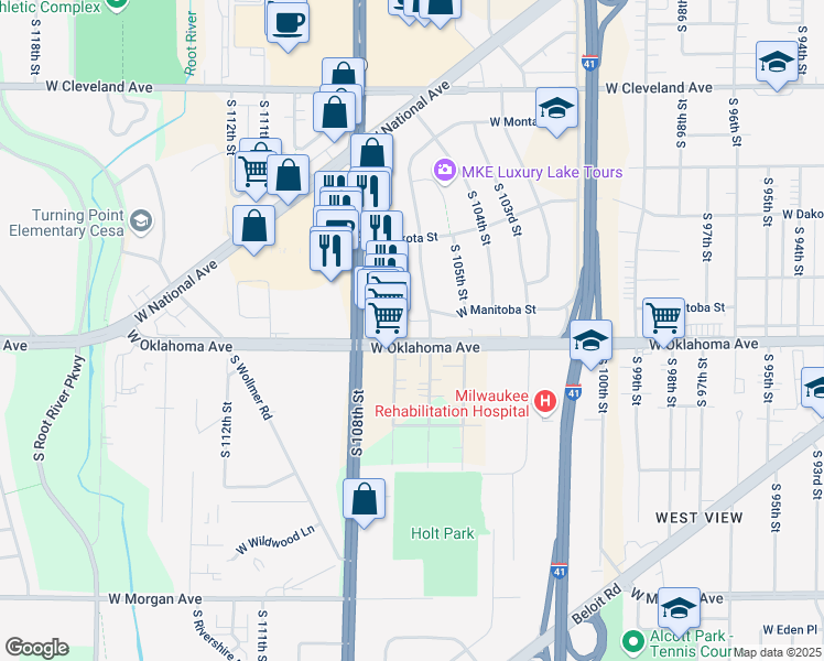 map of restaurants, bars, coffee shops, grocery stores, and more near 10614 West Oklahoma Avenue in Milwaukee