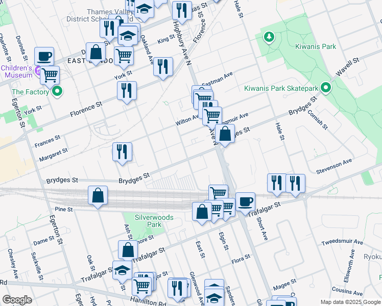 map of restaurants, bars, coffee shops, grocery stores, and more near 1266 Brydges Street in London