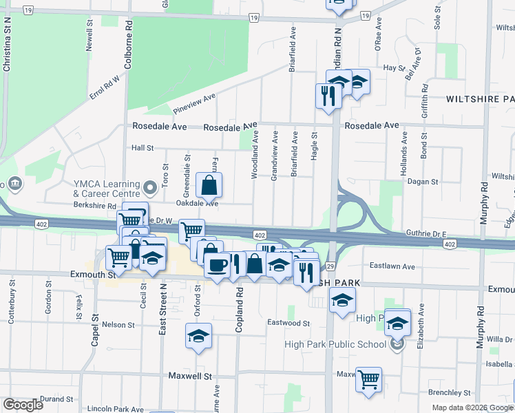 map of restaurants, bars, coffee shops, grocery stores, and more near 894 Woodland Avenue in Sarnia