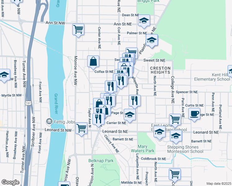 map of restaurants, bars, coffee shops, grocery stores, and more near 1403 Plainfield Avenue Northeast in Grand Rapids