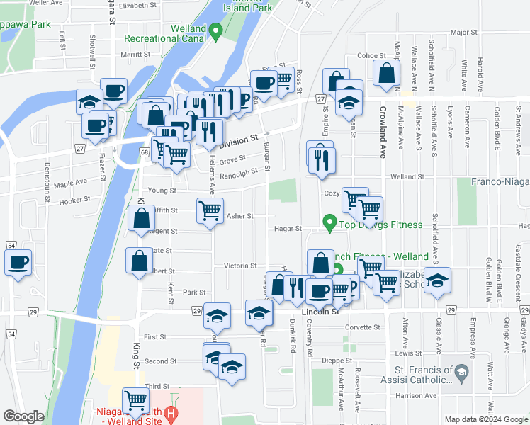 map of restaurants, bars, coffee shops, grocery stores, and more near 157 Burgar Street in Welland