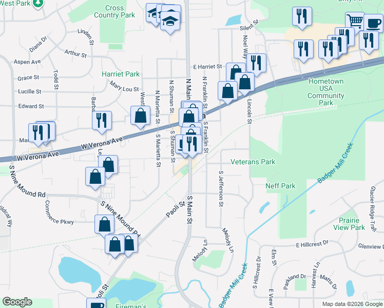 map of restaurants, bars, coffee shops, grocery stores, and more near 217 County Highway M in Verona