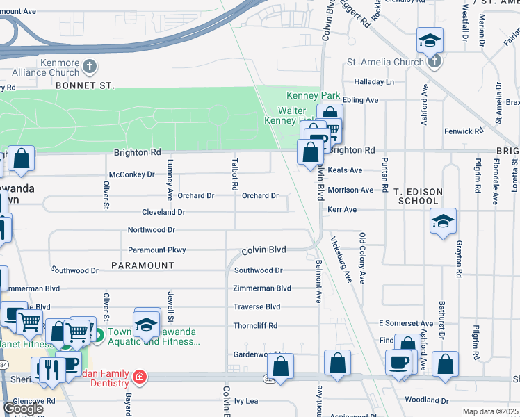 map of restaurants, bars, coffee shops, grocery stores, and more near 368 Cleveland Drive in Buffalo