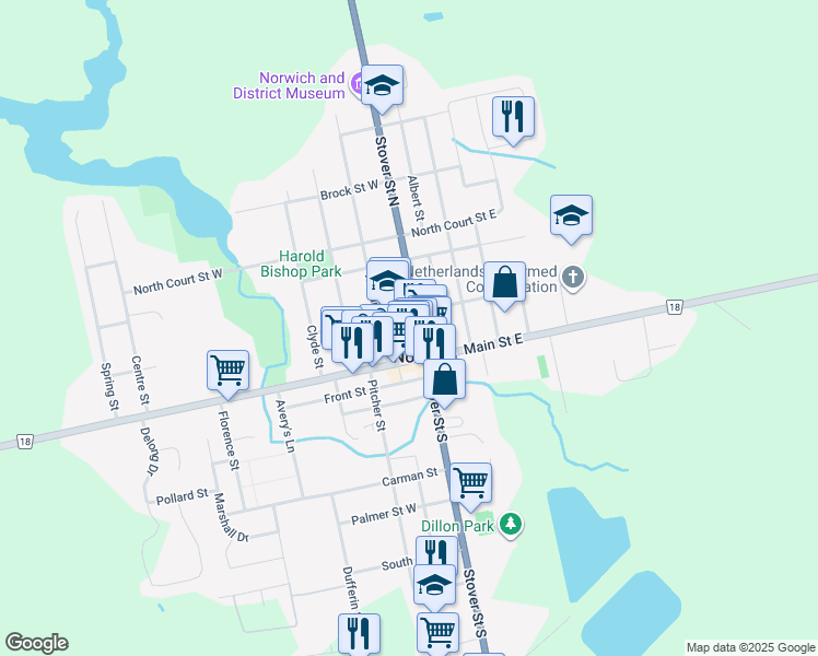 map of restaurants, bars, coffee shops, grocery stores, and more near 19 Stover Street North in Norwich