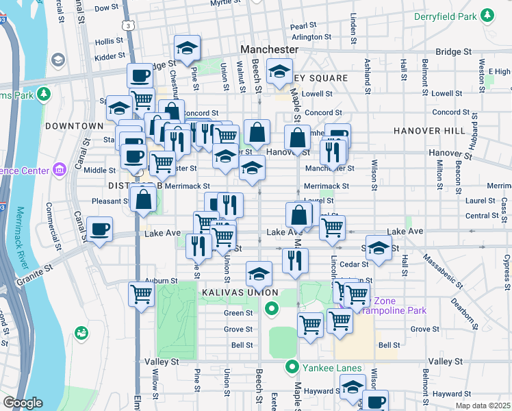 map of restaurants, bars, coffee shops, grocery stores, and more near 147 Laurel Street in Manchester