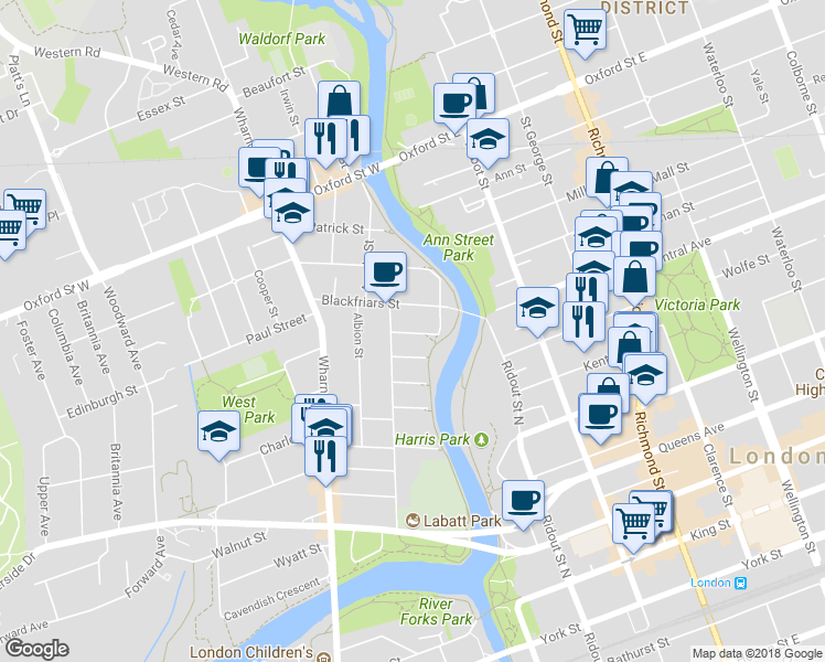map of restaurants, bars, coffee shops, grocery stores, and more near 9 Cummings Avenue in London