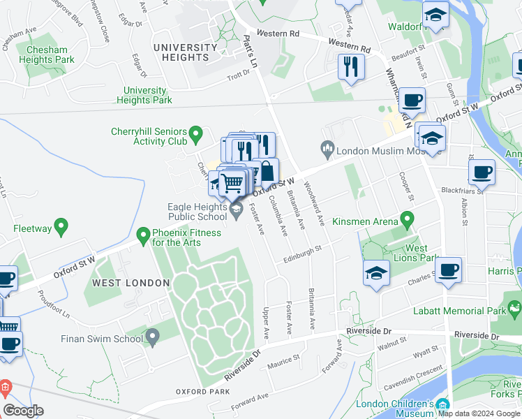 map of restaurants, bars, coffee shops, grocery stores, and more near 169 Foster Avenue in London