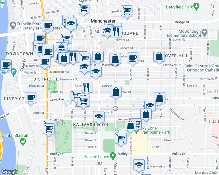 map of restaurants, bars, coffee shops, grocery stores, and more near 185 Laurel Street in Manchester