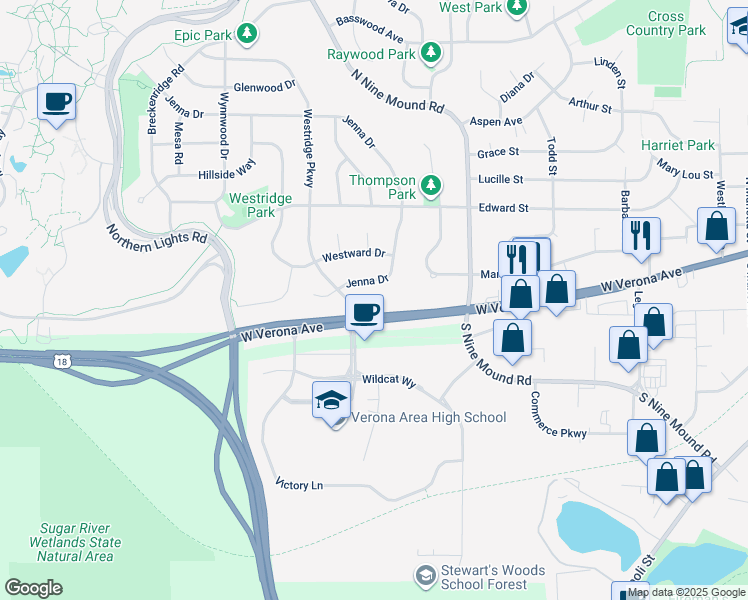 map of restaurants, bars, coffee shops, grocery stores, and more near 101 Westridge Parkway in Verona