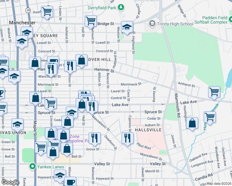 map of restaurants, bars, coffee shops, grocery stores, and more near 417 Laurel Street in Manchester