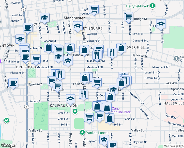 map of restaurants, bars, coffee shops, grocery stores, and more near 245 Laurel Street in Manchester