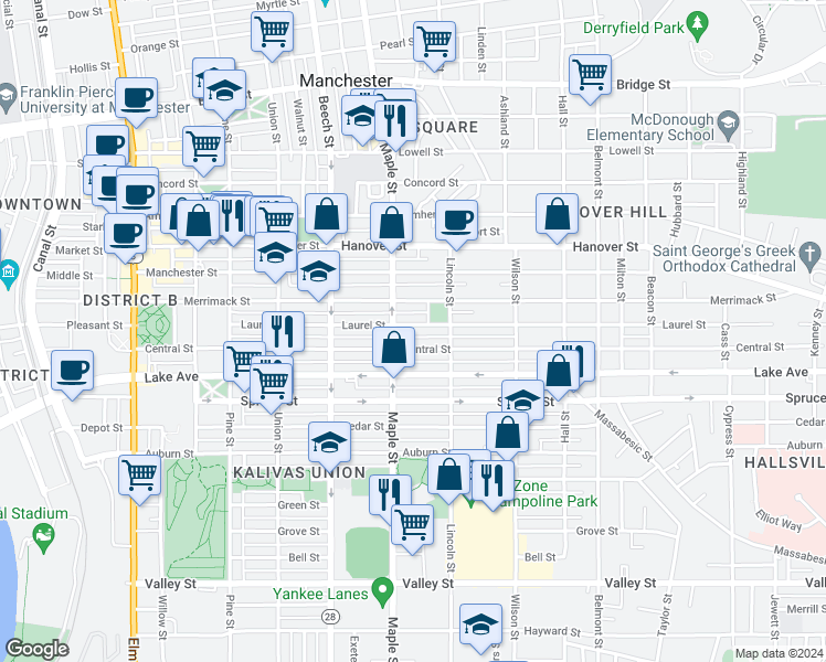 map of restaurants, bars, coffee shops, grocery stores, and more near 213 Laurel Street in Manchester