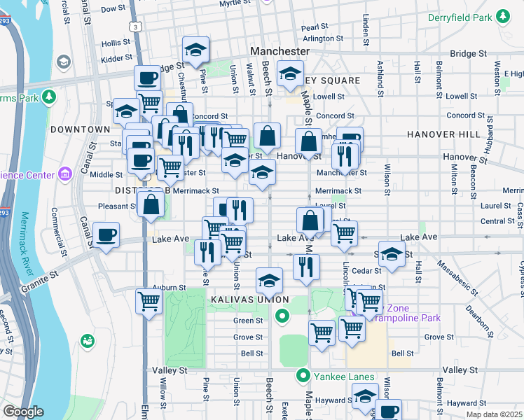 map of restaurants, bars, coffee shops, grocery stores, and more near 147 Laurel Street in Manchester