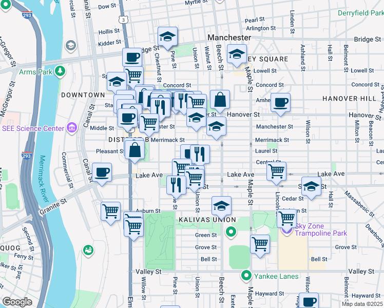 map of restaurants, bars, coffee shops, grocery stores, and more near 75 Laurel Street in Manchester