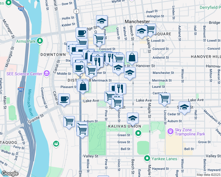 map of restaurants, bars, coffee shops, grocery stores, and more near 75 Laurel Street in Manchester
