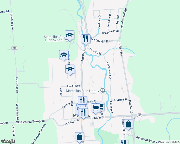 map of restaurants, bars, coffee shops, grocery stores, and more near 38 North Street in Marcellus