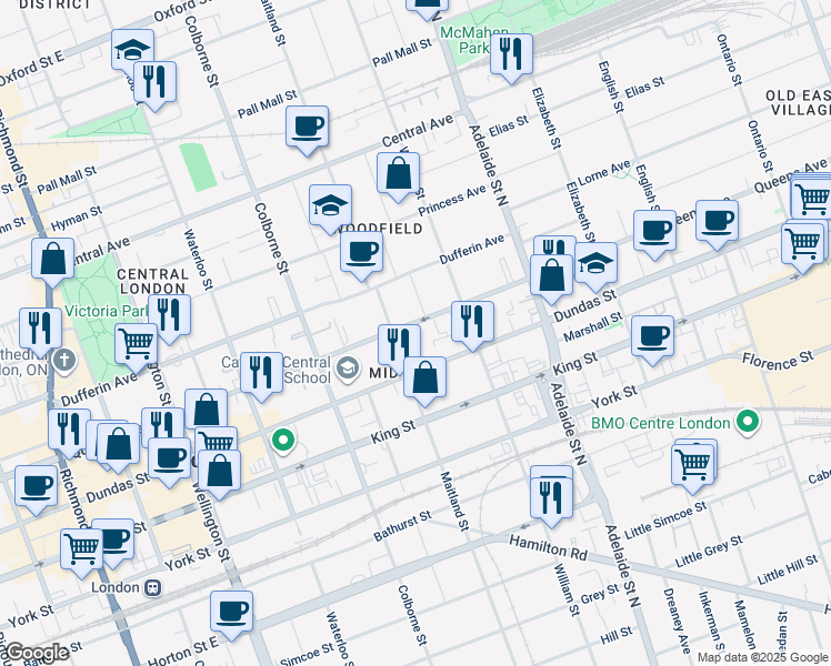 map of restaurants, bars, coffee shops, grocery stores, and more near 481 Queens Avenue in London