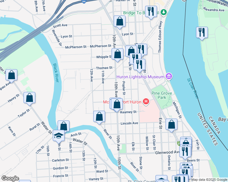 map of restaurants, bars, coffee shops, grocery stores, and more near 1337 10th Avenue in Port Huron