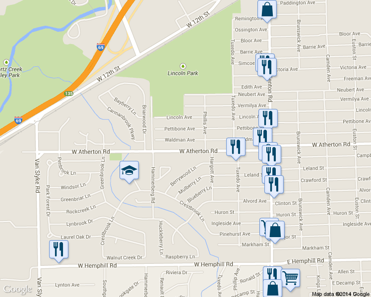 map of restaurants, bars, coffee shops, grocery stores, and more near 1502 West Atherton Road in Flint