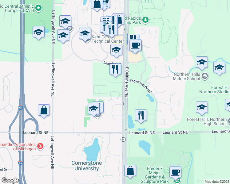 map of restaurants, bars, coffee shops, grocery stores, and more near 3153 Windcrest Drive Northeast in Grand Rapids