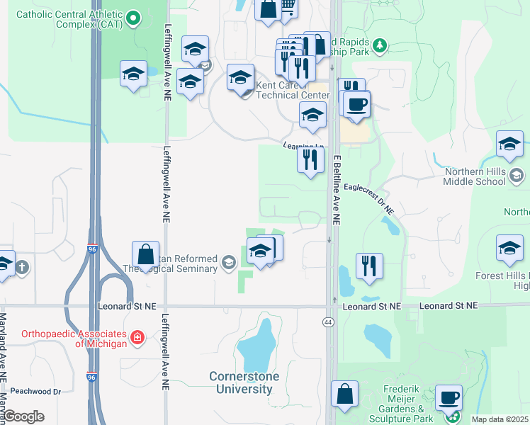 map of restaurants, bars, coffee shops, grocery stores, and more near 3017 Windcrest Way Northeast in Grand Rapids