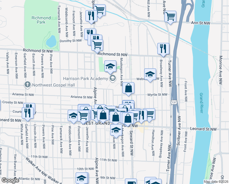 map of restaurants, bars, coffee shops, grocery stores, and more near 1351 Davis Avenue Northwest in Grand Rapids