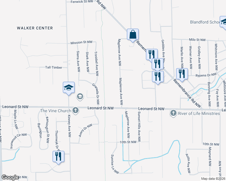 map of restaurants, bars, coffee shops, grocery stores, and more near 1229 Maplerow Avenue Northwest in Grand Rapids