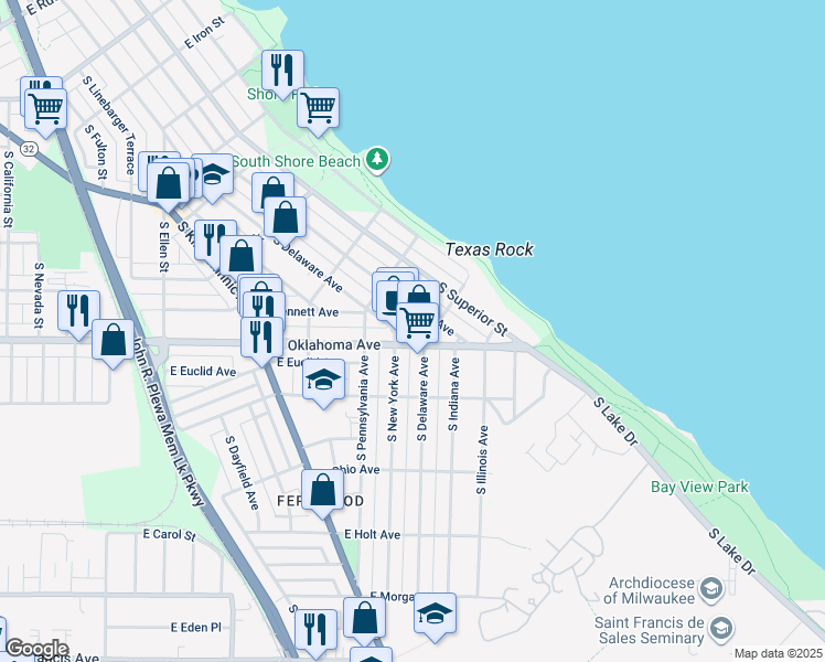 map of restaurants, bars, coffee shops, grocery stores, and more near 3064 South Delaware Avenue in Milwaukee