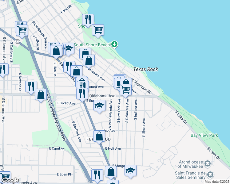 map of restaurants, bars, coffee shops, grocery stores, and more near 2410 East Oklahoma Avenue in Milwaukee