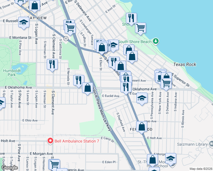 map of restaurants, bars, coffee shops, grocery stores, and more near 1820 East Oklahoma Avenue in Milwaukee