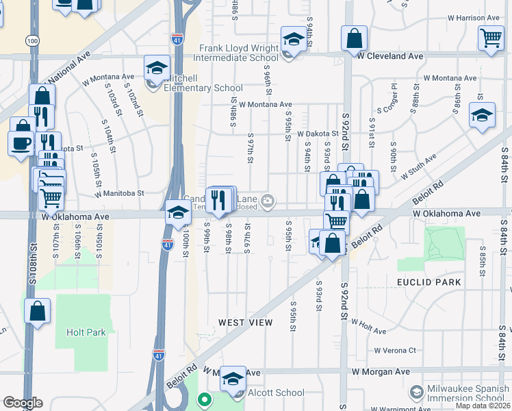 map of restaurants, bars, coffee shops, grocery stores, and more near 9636 West Oklahoma Avenue in West Allis