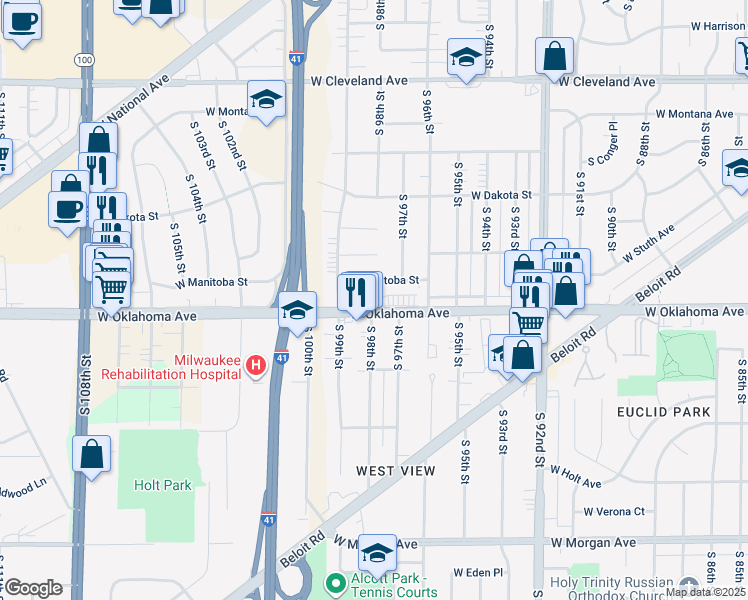 map of restaurants, bars, coffee shops, grocery stores, and more near 9804 West Oklahoma Avenue in West Allis
