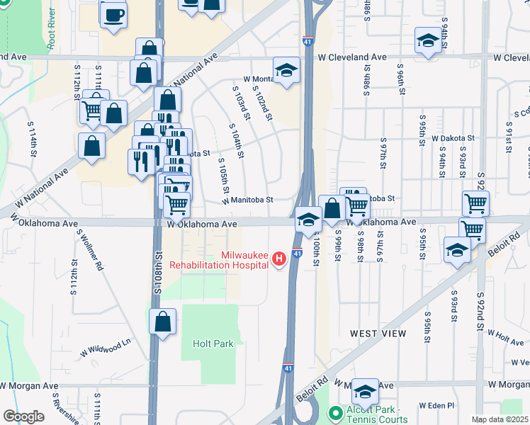 map of restaurants, bars, coffee shops, grocery stores, and more near 10316 West Oklahoma Avenue in West Allis